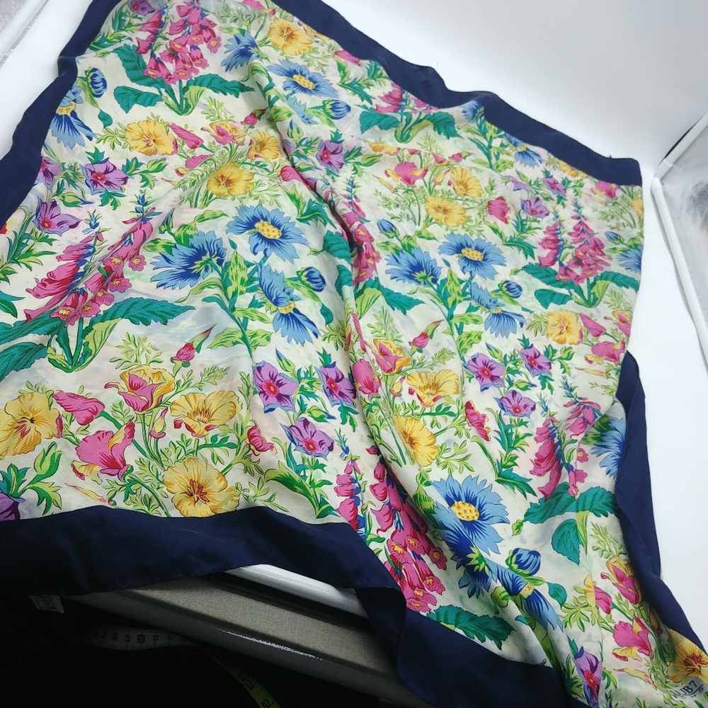 Vintage • Club 7 • Silk Square Scarf Colorful Floral Navy Blue Trim Spring Prett